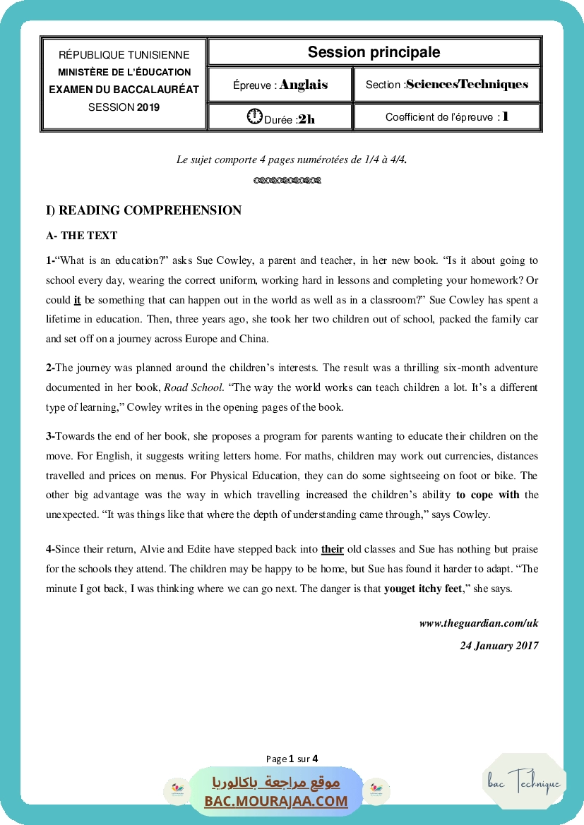 Corrigé principale anglais Bac 2019 – Section technique